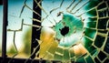 Broken glass window with bullet hole in it. Generative AI Royalty Free Stock Photo