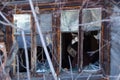 Broken glass window outside. Close-up of old wooden house in countryside. Royalty Free Stock Photo