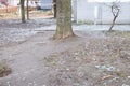 Broken glass from windows knocked out by a blast wave in the courtyard of a residential area of Dnepr, Ukraine Royalty Free Stock Photo