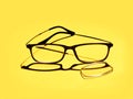 Broken glasses, eyeglasses, lens fallen out on yellow background for copyspace. Optical health or eyewear. Royalty Free Stock Photo