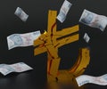 Broken gold Turkish lira symbol with 100 lira paper cash money