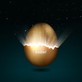 Broken golden easter egg giving birth to universe. Rays of light stars from cracks in easter egg of gold on dark background Royalty Free Stock Photo