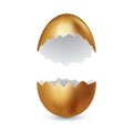 Broken golden egg on white background. Cracked golden shell. Broken egg  on white. Surprise gift concept. Vector Royalty Free Stock Photo