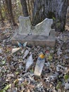 Broken Gravestone with Brown Leaves Royalty Free Stock Photo