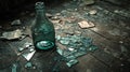 Broken Green Glass Bottle on Decayed Wooden Floor Royalty Free Stock Photo