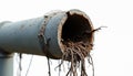 Broken grey pipe clogged brown roots isolated white background. Pipe damage, root intrusion leads plumbing issues. Root blocking Royalty Free Stock Photo