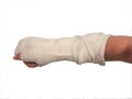 Broken hand plaster. right hand. male. isolated