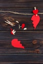 Broken heart breakup collection and divorce icon. Red paper shaped as a torn love , health care problems due to illness. Broken lo