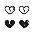 Broken heart cartoon black and white outline and silhouette logo icon design set. Royalty Free Stock Photo