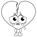 Cartoon broken heart character. Funny Valentines day heart cartoon. Sad cartoon heart. Vector black and white coloring page.