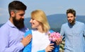 Broken heart concept. Couple romantic date lovers flirting. Couple in love happy dating, jealous man watching woman Royalty Free Stock Photo