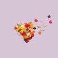 Broken heart concept. Flat lay heart shape made of different types and tastes soft pop gummy candies against modern very peri