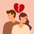Sad man and woman crying with red broken heart pieces. Broken heart. Royalty Free Stock Photo