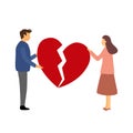 Sad man and woman holding  red broken heart pieces. Broken heart. Royalty Free Stock Photo