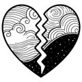 Broken Heart Design Featuring Waves and Clouds for Artwork and Tattoo Inspiration Royalty Free Stock Photo