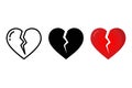 Broken heart icon set, Line art, Flat Silhouette and Flat Color, Three Different version Illustration Royalty Free Stock Photo