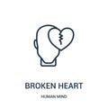 broken heart icon vector from human mind collection. Thin line broken heart outline icon vector illustration. Linear symbol for Royalty Free Stock Photo