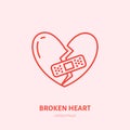 Broken heart illustration. Heartbreak flat line icon, relationship problem. Break up sign