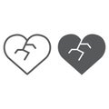 Broken heart line and glyph icon, love and broke, heartbreak sign, vector graphics, a linear pattern on a white