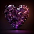 Broken heart made of amethyst isolated on black background.