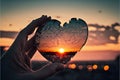 Broken heart in a mans hand on a sunset background. Generative AI Royalty Free Stock Photo