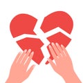 Broken heart, pain love and hands woman. Problem in relationship, crack heart. People hands hold pieces of puzzle shape