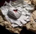 A broken heart is sitting on top of a pile of paper, AI