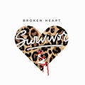 Broken heart survivor fashion print with sewed up broken heart and leopard print. Inspirational love card. Vector illustration