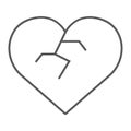 Broken heart thin line icon, love and broke, heartbreak sign, vector graphics, a linear pattern on a white background.