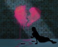 A broken hearted girl rests on a sidewalk at night after spraying art of a broken heart on a brick wall