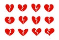 Broken hearts icons collection, heart crack, unlove symbol. Divorce, relationship crisis, family problems signs. Red