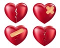 Broken hearts set. 3d realistic red color heart icons and symbols with wound, patches, stitches and bandages isolated on white bac Royalty Free Stock Photo