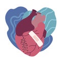 Broken, illness heart. Flat illustration of ill realistic heart with seam and patch on abstract background. Medical picture Royalty Free Stock Photo