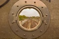 Broken industrial window and trainrails Royalty Free Stock Photo