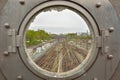 Broken industrial window and trainrails Royalty Free Stock Photo