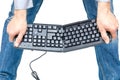 Broken keyboard in human hands isolated