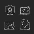 Broken laptop chalk white icons set on black background