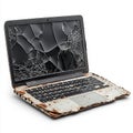 Damaged laptop with broken hinge and missing keys on an unclean surface Royalty Free Stock Photo