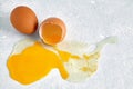 Broken and leaking chicken egg that fell on the concrete floor Royalty Free Stock Photo