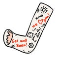 Broken leg cast doodle with positive writings from friends. Injured limb in gypsum plaster. Good get well soon wishes. Media glyph