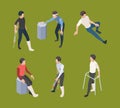 Broken legs. Crutches adult person medical orthopedics rehabilitation vector isometric human