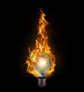 Broken light bulb with flame on black background. 3d render