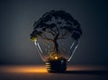 Broken light bulb with a tree in it, created with Generative AI technology Royalty Free Stock Photo