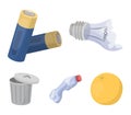 Broken light bulb, used batteries, breaking a plastic bottle, garbage can with a sign.Garbage and trash set collection Royalty Free Stock Photo