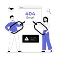 Broken link. Wrong site address and technical problems. 404 error page not found. People holding a broken chain.