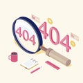 Broken links identification isometric illustration. 404 message in magnifying glass. Server not found problem analyzing. Webpage