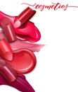 Broken lipsticks closeup and smears lipstick on white Royalty Free Stock Photo