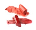 Broken lipsticks with strokes on white background Royalty Free Stock Photo