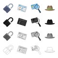 A broken lock, a detective`s identification, a magnifying glass and a credit card, a hat. Detective Agent set collection Royalty Free Stock Photo