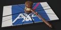 Judge's gavel and broken logo of AXA. Editorial conceptual 3d rendering
